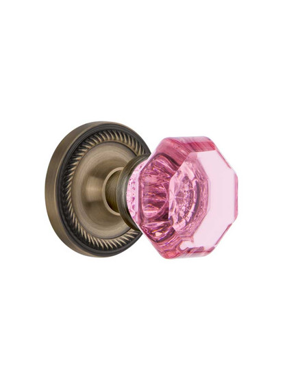 Rope Rosette Door Set with Colored Waldorf Crystal Glass Knobs Pink in Antique Brass.